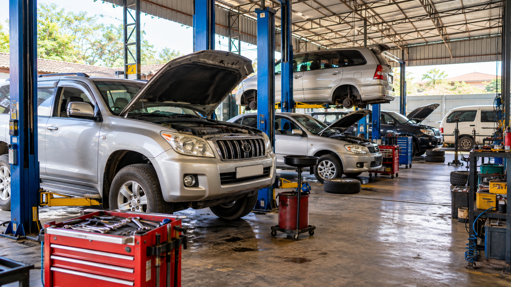 Cars being serviced inside a professional garage workshop